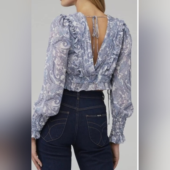 For Love & Lemons Blouse Crop Top Janelle Boho Ruffle V-Neck CT-1770 Blu/Wht/Prp - Picture 6 of 12
